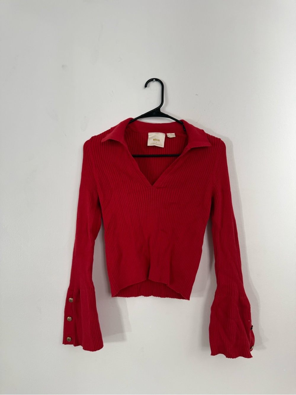 Maeve Red Ribbed V-Neck Collared Long-Sleeve Top